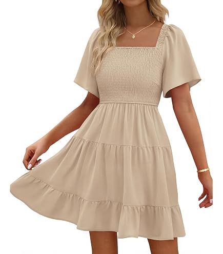 LILLUSORY Women's Flowy Casual Mini Dresses 2026 Summer Graduation Smocked V Neck Vacation Dress Dress with Pockets Apricot S