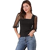 Allegra K Women's Retro Square Neck Tops Slim Fit Semi Sheer 3/4 Mesh Sleeve Top