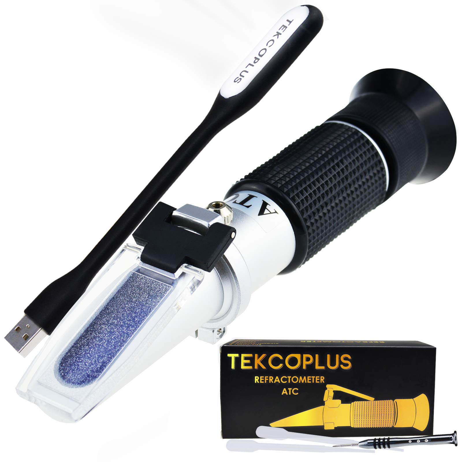 TEKCOPLUS Optics Grape Wine Refractometer with ATC, Dual Scale 0-25% vol and Alcohol & 0-40% Brix, for Wine Making, Homebrew Kit, Winemakers, with LED light and pipettes