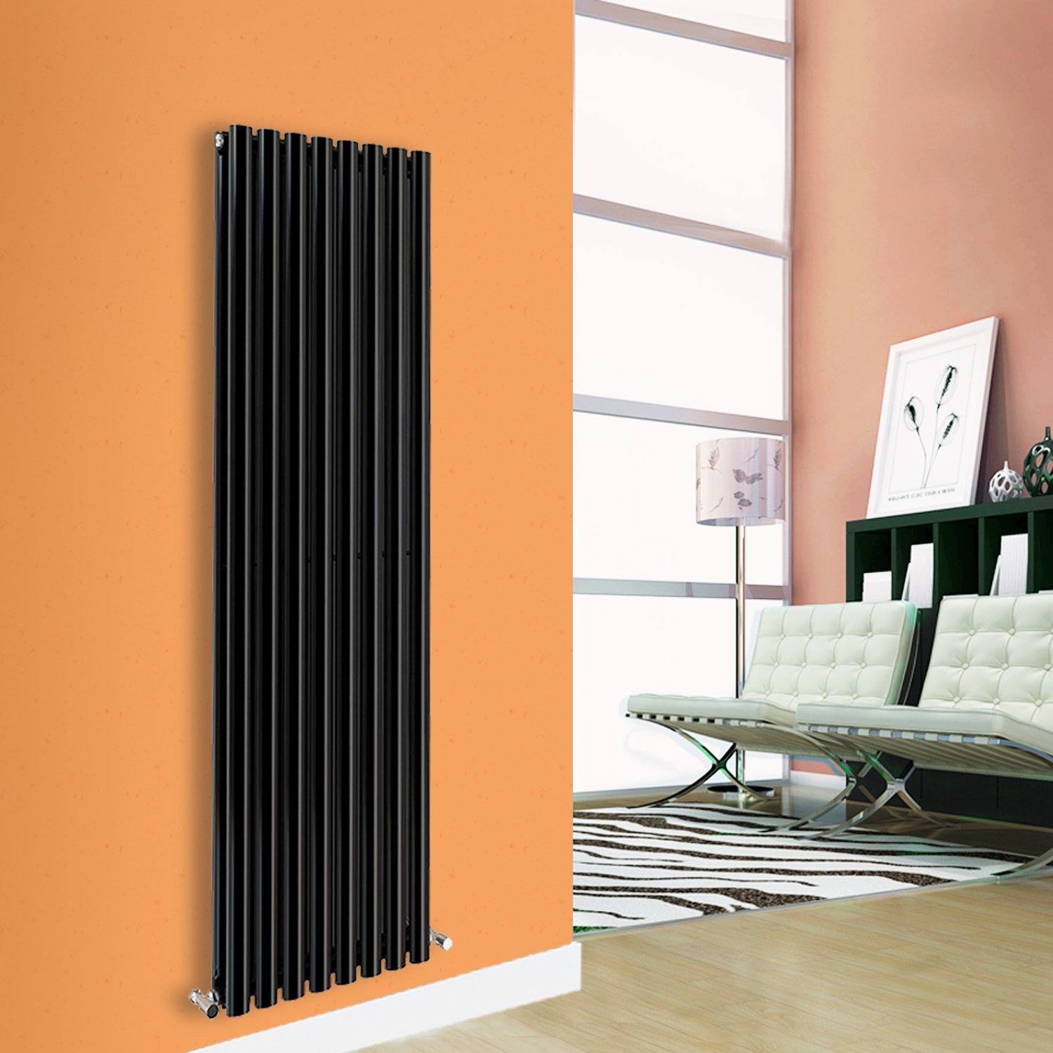 NRG 1600mm x 472mm Vertical Oval Column Designer Radiator Black Double