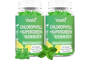 VAZATISI 2 Pack Chlorophyll Gummies with Organic Supergreens, Natural Antioxidant, Body Odor, Energy Boost, Immune Support, Digestion, Skin Care, Women & Men, Adult & Kid - 120 Vegan Gummies