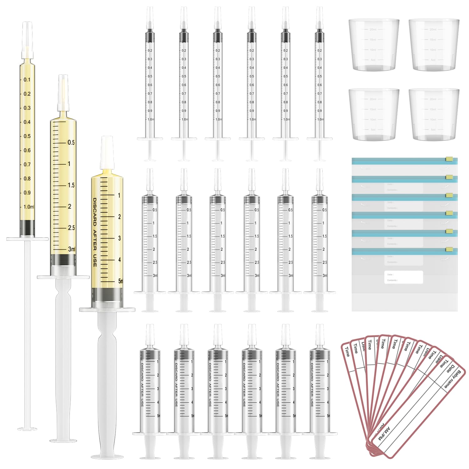 Photo 1 of 60 Sets 1/3/5Ml Colostrum Collector Kit Include 1/3/5ml*20 No Needle Sterile Syringes with Cap, 4 Measuring Cup, 6 Zip-Lock Storage Bags, 60 Labels for Breast Milk Collector