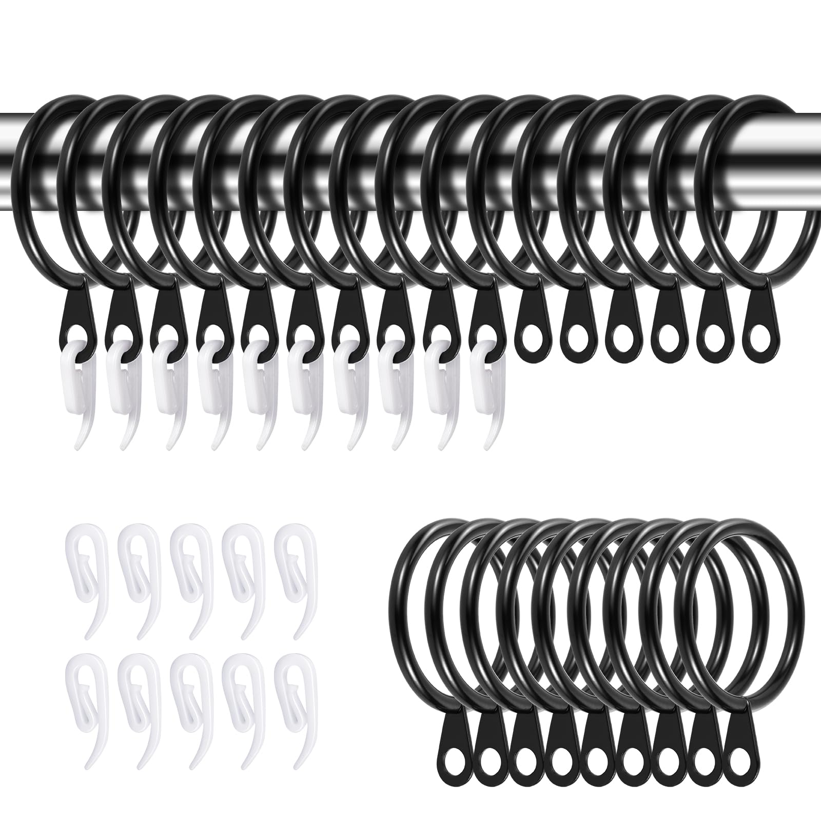 50 Pack Metal Curtain Rings And Hooks, 30mm Internal Diameter Eyelets for Curtain Poles And Rods With 50 White Plastic Hooks, Hoops, For Drapery, Rods and Shower Hanging, Black