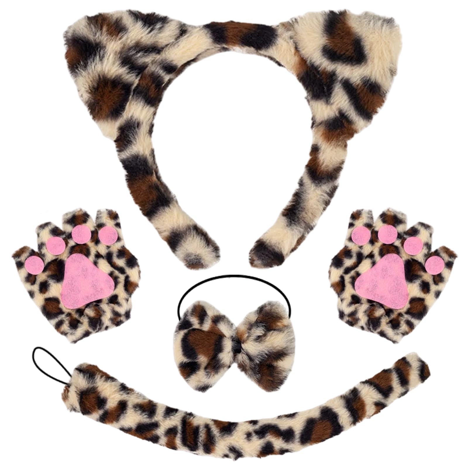 Dazzroi 4Pcs Cat Costume Accessories Set, Funny Animal Cosplay Set Includes Furry Cat Ears Headband Paw Gloves Tail Bow Tie, Cats Fancy Dress Kit for World Book Day Halloween Party Carnival
