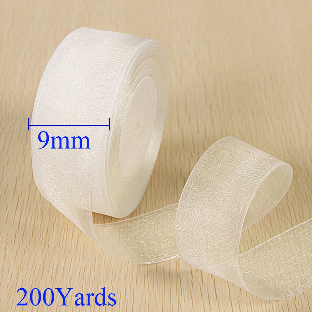 SHiZAK 200Yards 9mm Beige/Creamy Woven Edge Organza Ribbon for Wedding Favor Box Decoration, Gift Packaging, Festival Flower DIY Making ect.