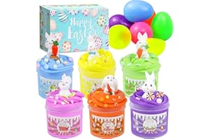 iMiibel Easter Basket Stuffers for Kids – 6 Pack Butter Slime in Plastic Eggs, Clay Slices, and Bunny Figurines – Sensory Toy for Hunting Game, Prefilled Easter Eggs Basket Fillers