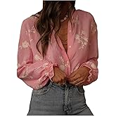 GORGLITTER Women's Floral Embroidered Boho Top Sheer Peasant Blouses Bishop Long Sleeve Button Down Shirts Dressy Casual