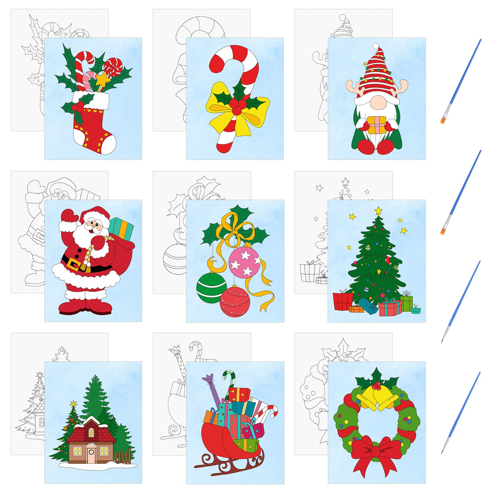 HICOHAND Pre Printed Canvases, 9 PCS 7.87 * 9.84” Christmas Theme No-Frame Pre Drawn Canvas Painting Canvas with Brush for Party Student Adults DIY Gift