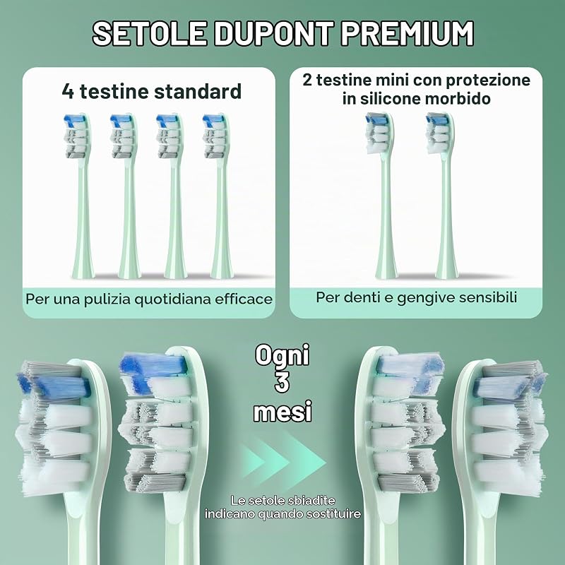 Spazzolino da denti sonico per adulti, ricaricabile con 5 modalità di pulizia, 3 livelli di intensità, sensore di pressione intelligente (Verde)