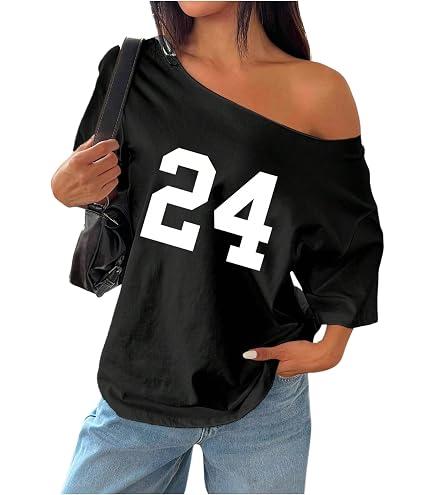 Women's Oversized Jersey Off Shoulder Shirt Crewneck Number