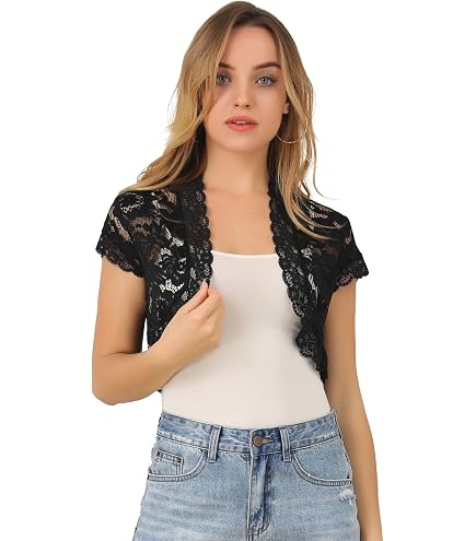 winying Womens Fashion Floral Lace Sheer Short Sleeves Shrug