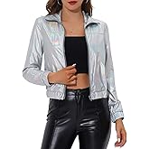 Allegra K Women's Holographic Shiny Party Christmas Long Sleeve Lightweight Zipper Metallic Jacket