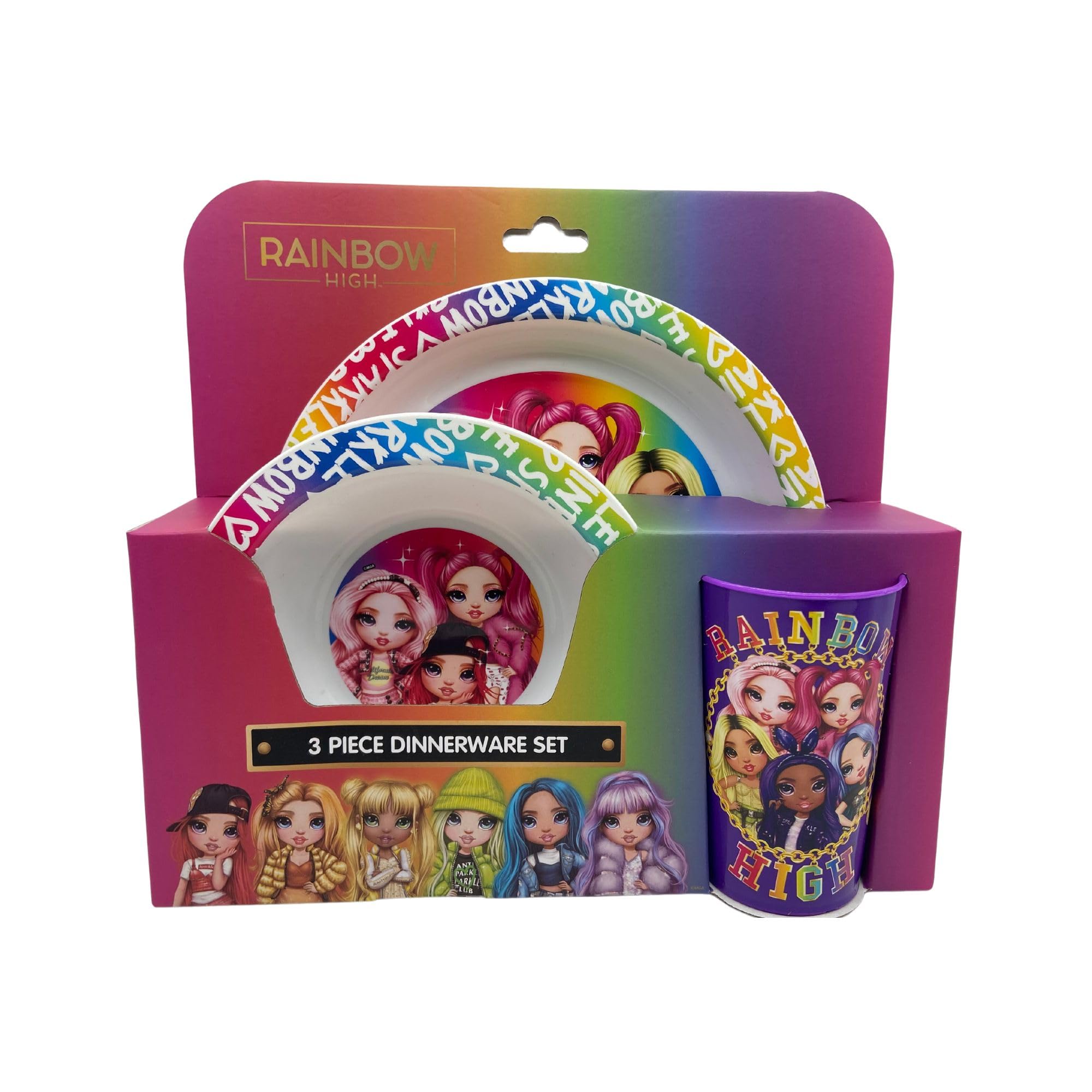 Rainbow High Kids 3 Piece Tableware Dinner Set with Dinner Plate, Bowl & Tumbler Cup | Reusable Plastic Dinner Set Dishwasher Safe Gift for