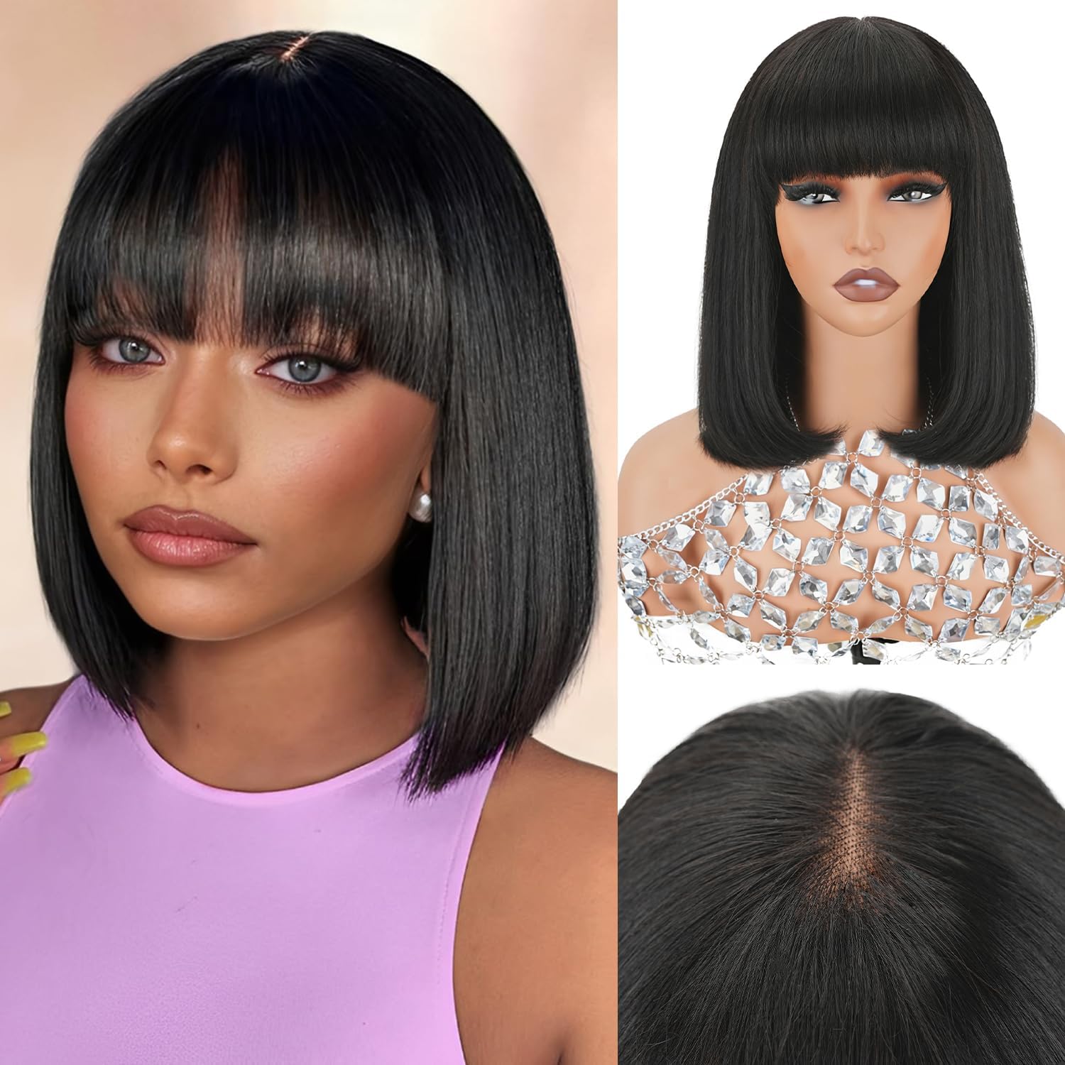 Short Bob Wigs Human Hair with Fringe 180% Density Bob Glueless for Women Upgraded 2x1Top Lace 100% Brazilian Virgin Human Hair Wigs with Bang 14 inches