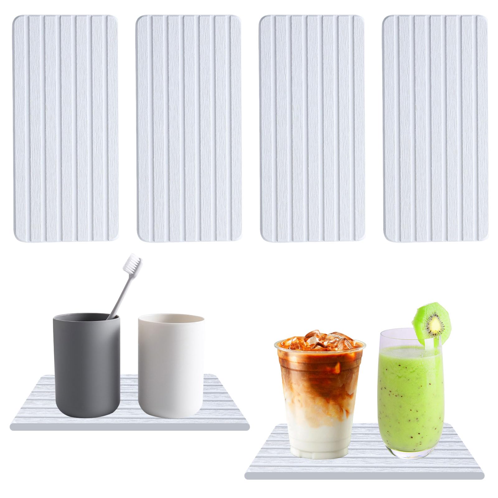 4 Pcs Water Absorbent Diatomite Coasters, Quick Drying Soap Tray, Bathroom Vanity Trays with Grooves, Diatomaceous Earth Soap Holder,Toothbrush Holder Set for Home Kitchen Bathroom (White)