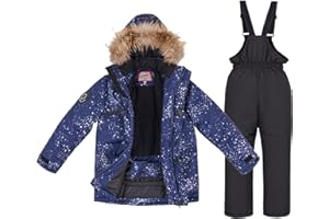 Boys Girls Snowsuit Winter Warm Faux Fur Hooded down Jacket Puffer Snow Pants Children's Warm Waterproof Skiing Ski Suit