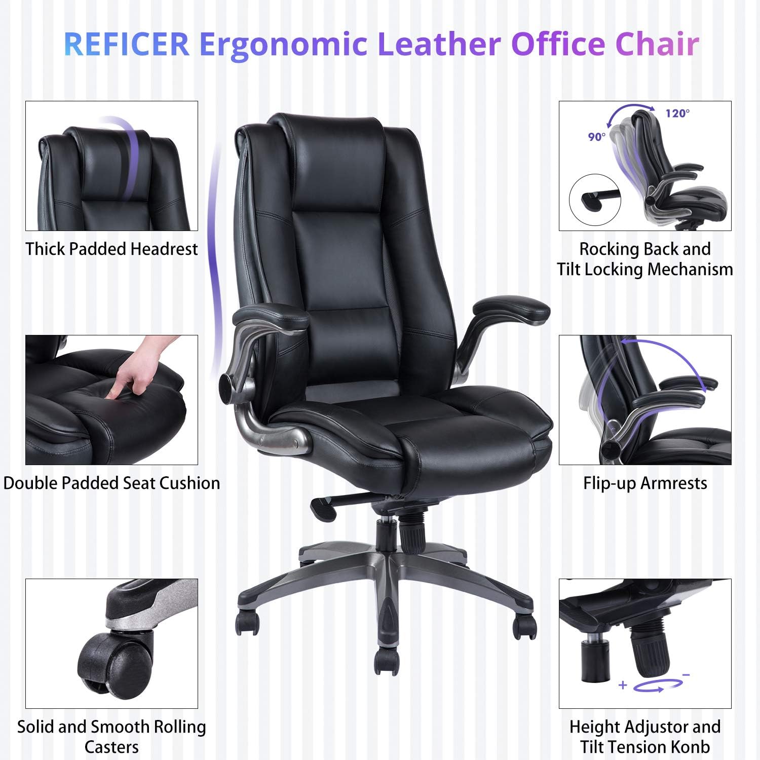 REFICCER High Back Office Chair, Bonded Leather Executive Computer Desk Swivel Chair with Adjustable Tilt Angle Flip-up Arms Thick Padding for Comfort and Ergonomic Design for Lumbar Support (Black): Kitchen & Dining