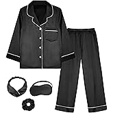 EPLAZA Kids Satin Pajamas Sets Girls Boys Button-Down Silky Pajamas Sleepwear with Hairband Eye Mask Hair Tie