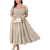SHESTARR Womens Plus Size Casual Dress Short Puff Sleeve Square Neck Smocked Tiered Summer A Line Flowy Long Maxi Dresses