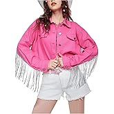 OYOANGLE Women's Y2K Sequin Stars Fringe Denim Jacket Long Sleeve Button Up Crop Jean Jackets