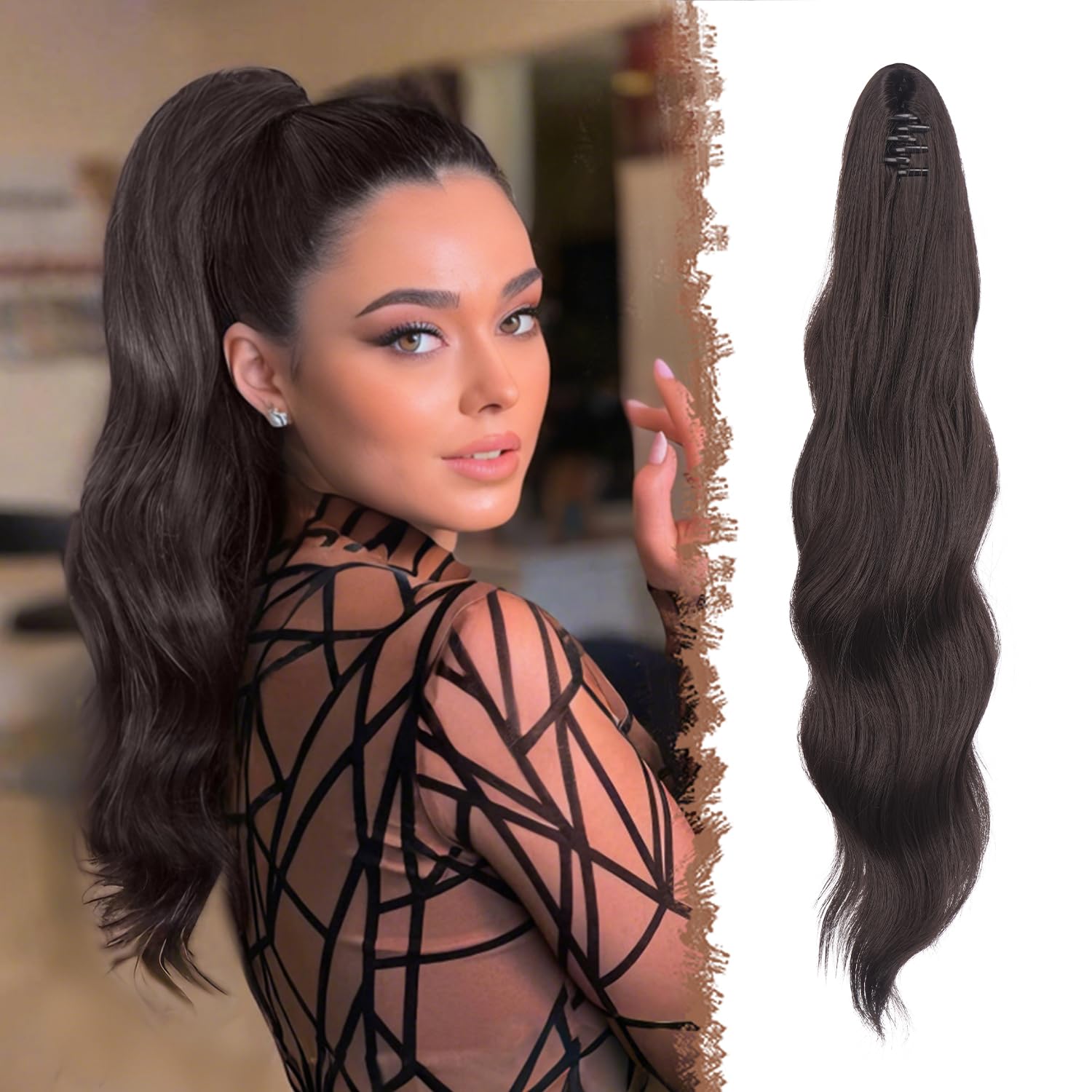FESHFEN Ponytail Extensions 20 inch Long Wave Ponytail Claw Clip in Pony Tail Hair Extensions Wavy Ponytails with Claw Clip Synthetic Hairpieces for Women Girls Dark Brown