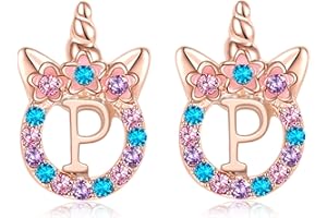 TRWWELL Cute Rose Gold Silver Initial Unicorn Hypoallergenic Stud Earrings Rhinestone Initial Letter Stud Earrings for Girls Unicorns Jewelry Gifts for Kids Toddler