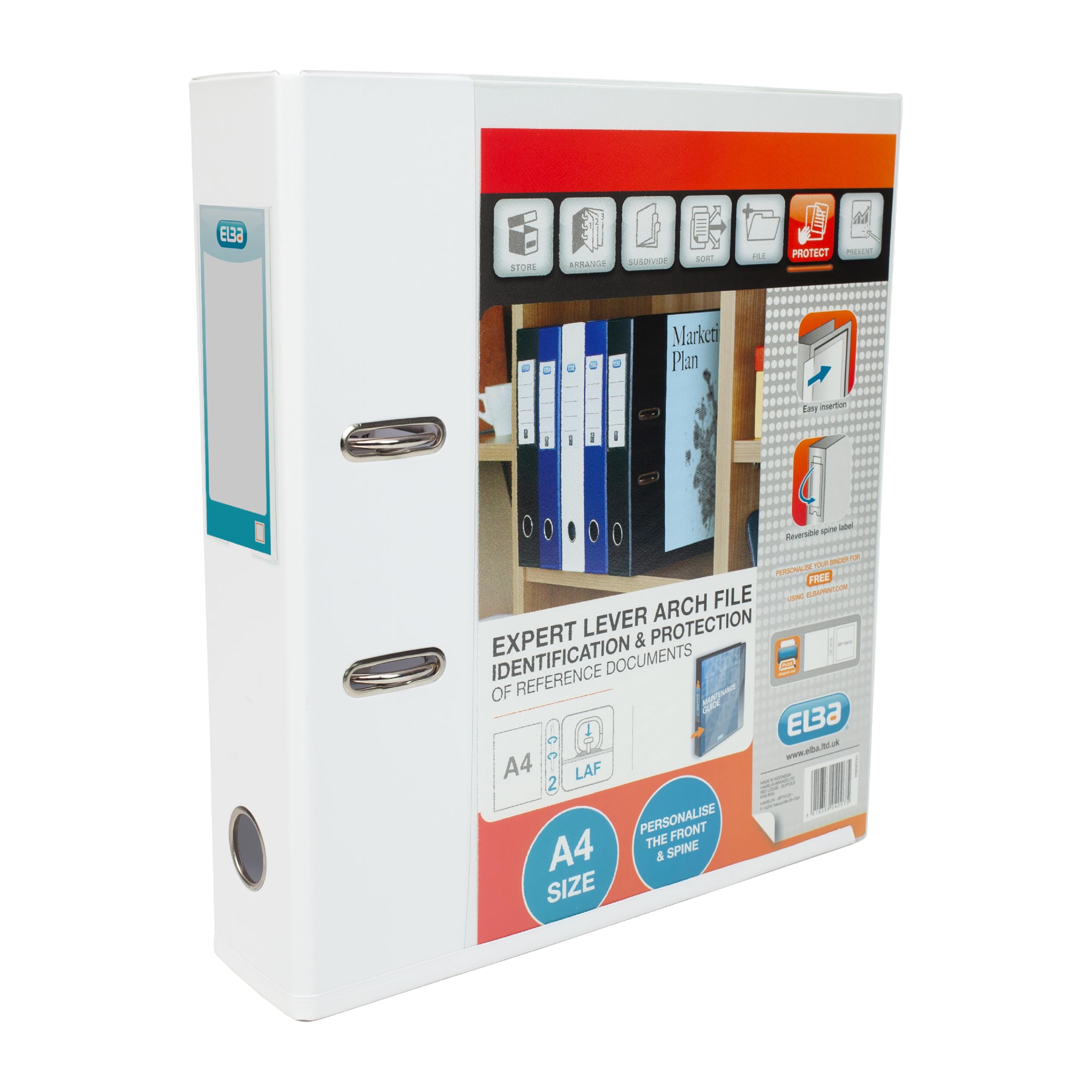 Elba A4 Lever Arch File, 70mm spine, Presentation Folder with Customisable Cover, Portrait, White (Single) — image 1