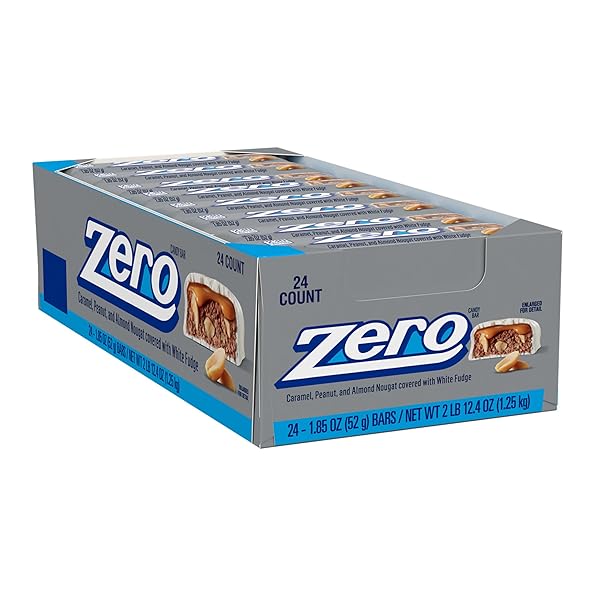 ZERO WHITE FUDGE, CARAMEL, PEANUT AND ALMOND NOUGAT CANDY BARS, 1.85 OZ (24 COUNT)