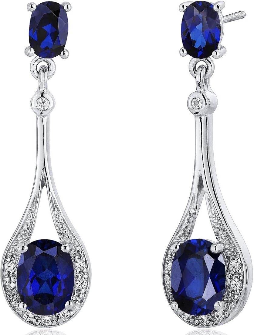 Created Blue Sapphire Dangle Earrings Sterling Silver 5.00