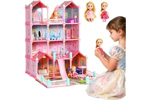 Huge Dollhouse for Girls, Large Pretend Play Pink Doll House or Kids