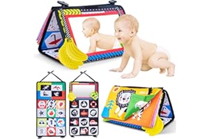 FLMRIOY Tummy Time Mirror Toys Infant 0-12 Months, Baby Mirror Toy with Crinkle Papers and Teethers Stuff Black White High Contrast Sensory Toys for Newborn 0-3-6-12 Months