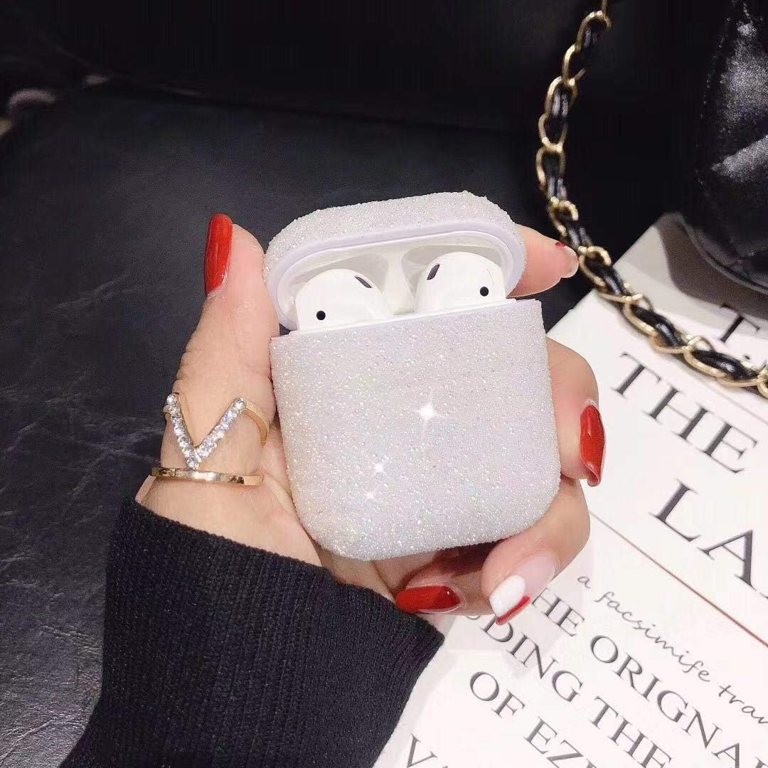 JAWSEU Case Compatible with Airpods 1&2, Bling Glitter Shiny Diamonds Rhinestone Design Hard PC Bluetooth Wireless Charging Headphone Cover Shockproof Waterproof Full Protective Case,White