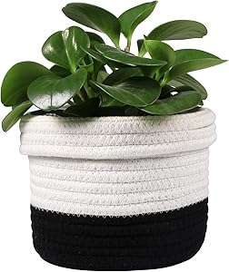 LEEPES Cotton Rope Plant Basket Modern Woven Basket UP to 6" Flower Pot Floor Indoor Planters,Storage Organizer Basket Rustic Home Decor,White Stitching Black H6 3/4"x W6 1/2"