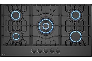 Empava 36 Inch Gas Stove Cooktop 5 Italy Sabaf Sealed Burners NG/LPG Convertible in Black Tempered Glass