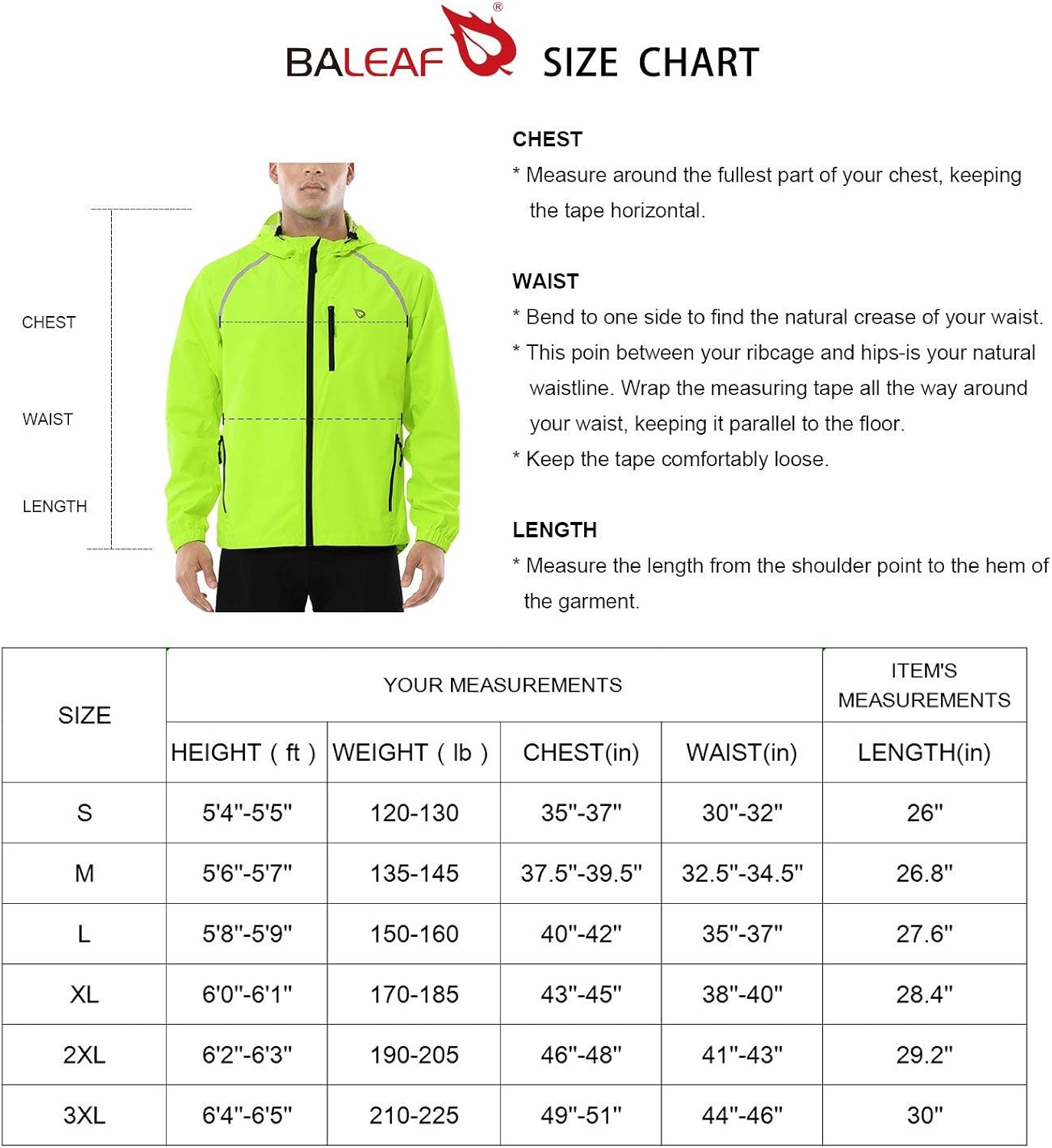 BALEAF Men's Cycling Running Jacket Waterproof Reflective Lightweight Windbreaker Windproof Bike Jacket Hooded Fluorescent Yellow Size M: Clothing