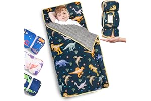 Primlect Thickened Toddler Nap Mat with Removable Pillow and Minky Blanket, Extra Large 55''x35'' Sleeping Bag, Washable, Roll up, Perfect for Daycare, Preschool, Kindergarten, Boys and Girls Dinosaur