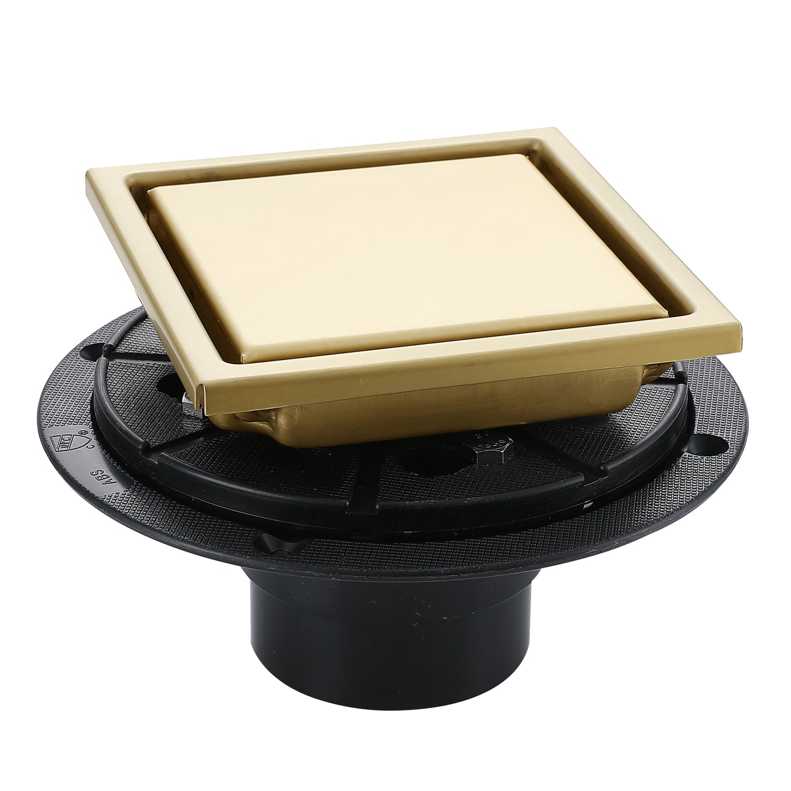 Photo 1 of 4 Inch Gold Shower Drain, SUS304 Stainless Steel Square Bathroom Floor Drain with Flange Reversible 2-in-1 Cover Insert Tiles for Filtering, Brushed Gold