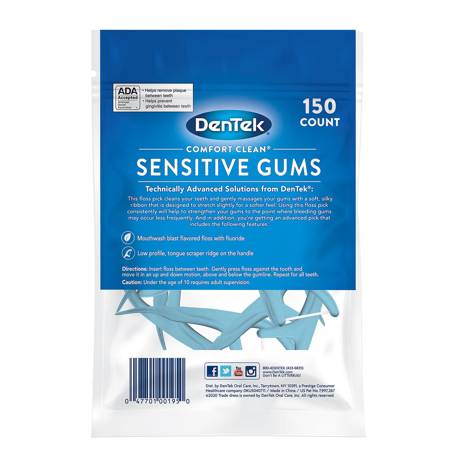DenTek Comfort Clean Sensitive Gums Floss Picks, Soft & Silky Ribbon, 150 Count, 3 Pack : Beauty