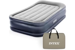 Intex 64131ED Dura-Beam Plus Deluxe Pillow: Fiber-Tech – Twin Size – Built-in Electric Pump – 16.5in Bed Height – 300lb Weight Capacity