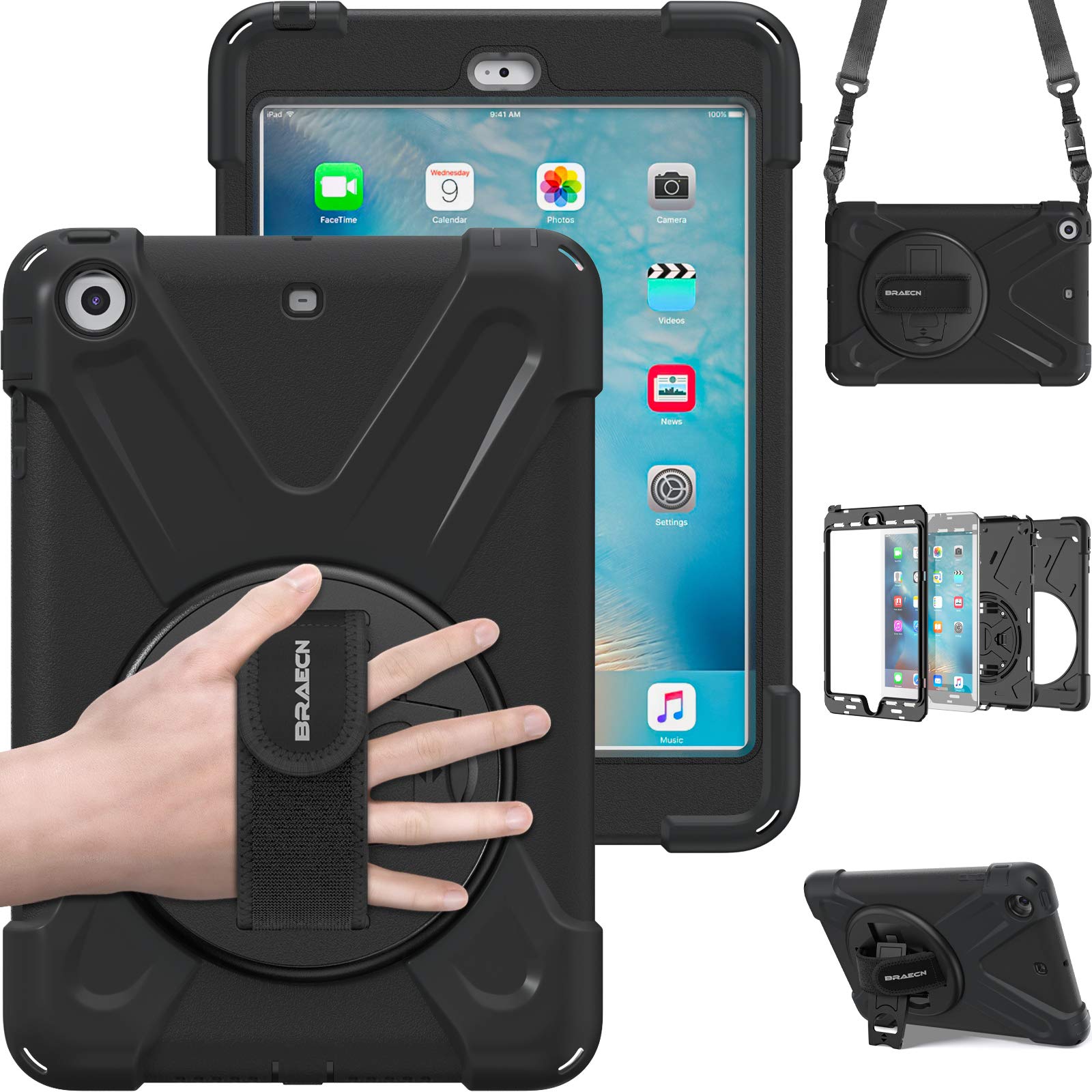 Photo 1 of BRAECN for iPad mini 3/ Mini 2 Case,Heavy Duty [Shock Proof for Kids Case] -360 Degrees Swivel Stand and Hand Grip Strap/a Shoulder Strap for iPad mini 1 2 3 - Black