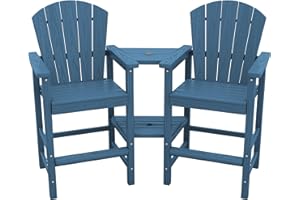 SERWALL Tall Adirondack Chairs Set of 2 with Double Layer Connecting Tray, HDPE Bar Height Outdoor Chairs, Wood-Like Adirondack Bar Stools for Patio, Balcony, Porch, Blue