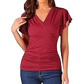 Allegra K Ruched Top for Women's 2024 Casual V Neck Cinched Waist Ruffle Sleeve Surplice Wrap Blouse Tops