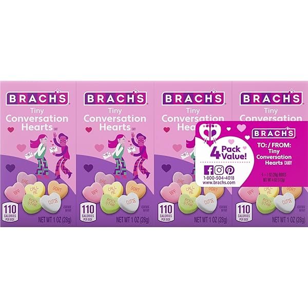 BRACH’S TINY CONVERSATION HEARTS “TO/FROM” BOXES, 1.0OZ, VALENTINE’S CANDY, 4 INDIVIDUALLY WRAPPED PACKS