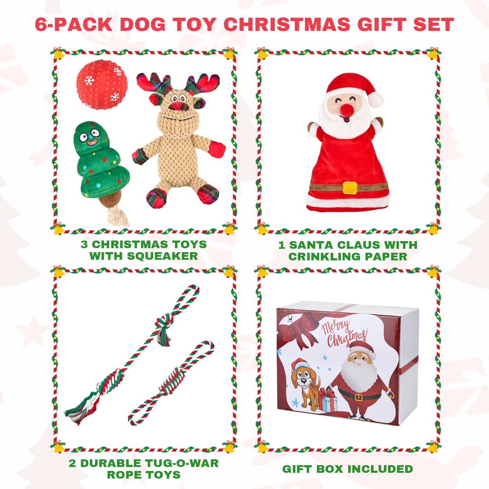 Arblina Christmas Dog Toys, Dog Xmas Gifts Set 6-pack for Small/Large Dogs, Interactive Dog Toys Including Squeaky Toy, Rope Toy, Rubber Puppy Ball, Plush Toy, Xmas Presents for Dogs