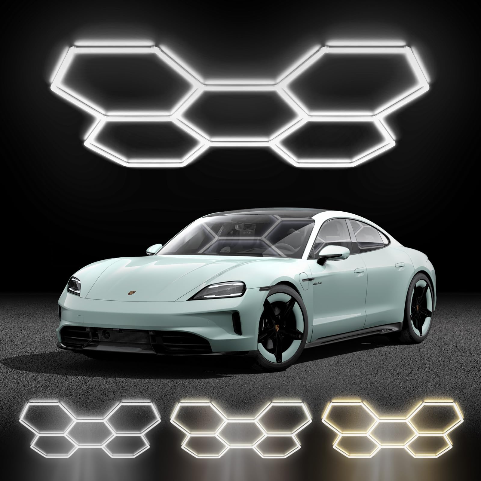 Photo 1 of Couryxqq Hexagon LED Shop Lights with 3 Colors (6500K/4000K/3000K), 192W 23040LM Garage Ceiling Lights, IP62 Waterproof, Flicker-Free, Expandable DIY Design for Workshop Garage Gym, 24+1 Pack