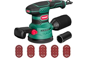 HYCHIKA BETTER TOOLS FOR BETTER LIFE Orbital Sander 3.8Amp 450W, HYCHIKA 6 Variable Speeds Double Handle Palm Random Orbit Power Sander, 5-Inch Electric Sander with 20pcs Sandpapers, Dust Collector for Woodworking