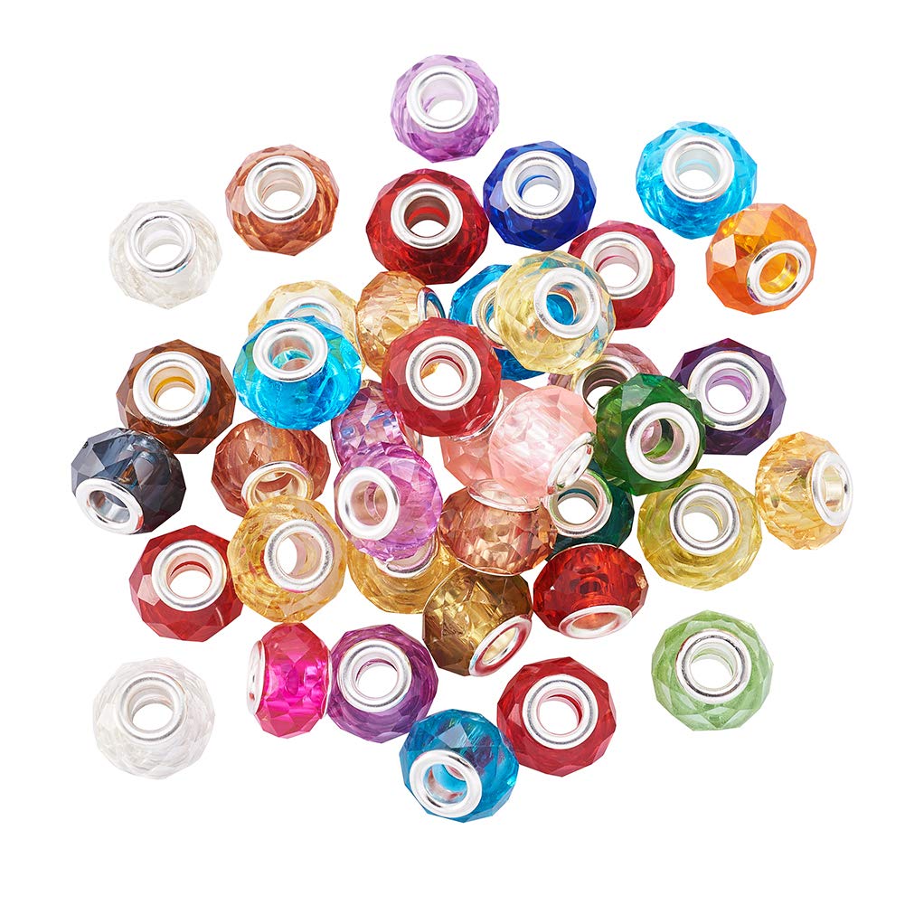 PandaHall 100pcs Faceted Acrylic European Beads Mixed Color Large Hole Rondelle Spacer Loose Beads with Silver Color Core Fit European Snake Chain Charm Bracelets, 13~14x9~10mm