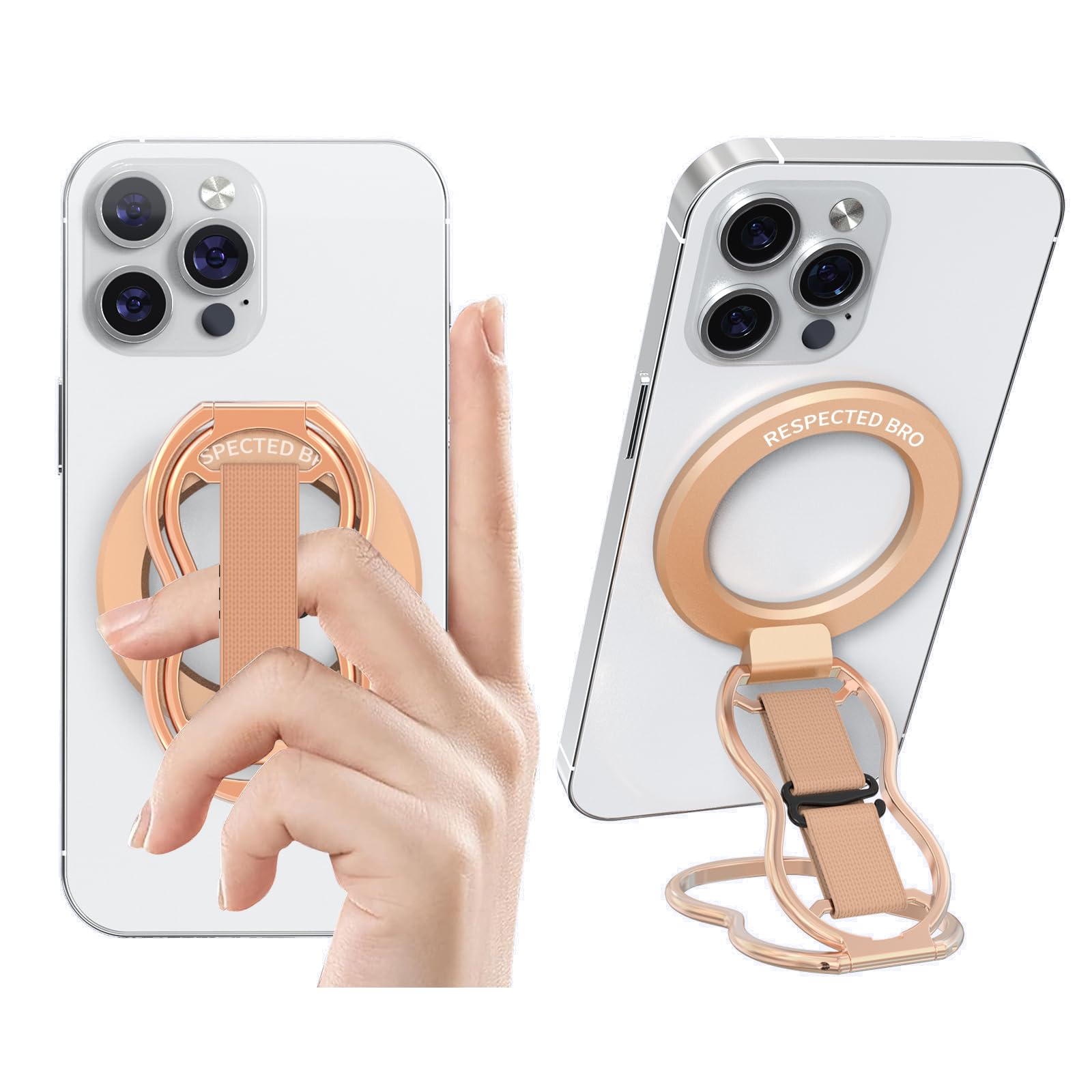 Photo 1 of RESPECTED-BRO-Magnetic-Phone-Grip-Stand-with-Finger-Strap, 4-in-1 Magnetic Ring Holder, Kickstand and Elastic Strap for Smartphones, Universal Fit for iPhone, Android, and Cases (Rose Gold)