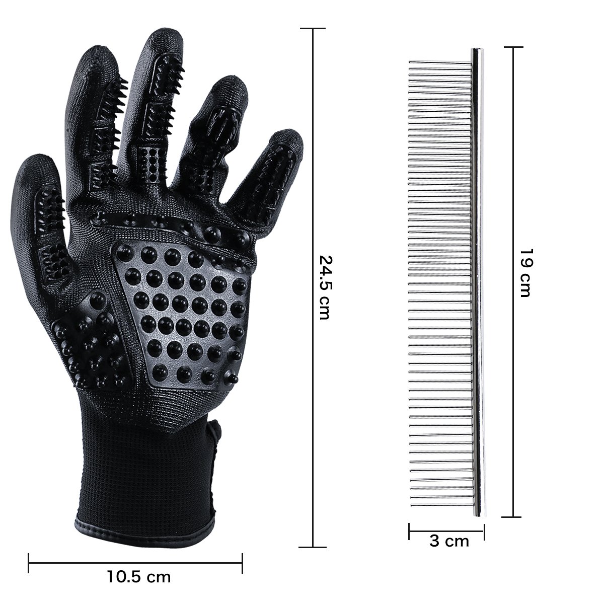 Guantes Masaje para Mascotas con Peine de acero, Mejorado Diseño de 5 Dedos Limpieza de Mascotas , Pet Grooming Gloves Funciona con Cabello Largo y Corto para Mascotas con Pelo Largo y Corto,perros, gatos, conejo,caballos