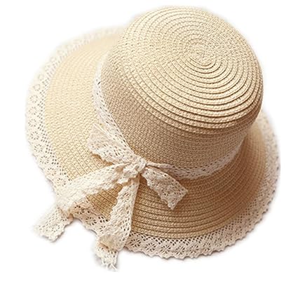 Kentop Kinder Mädchen Faltbar Strohhut Sonnenhut Spitzen Seite Strandhut Sommerhut mit Bogen (Beige)
